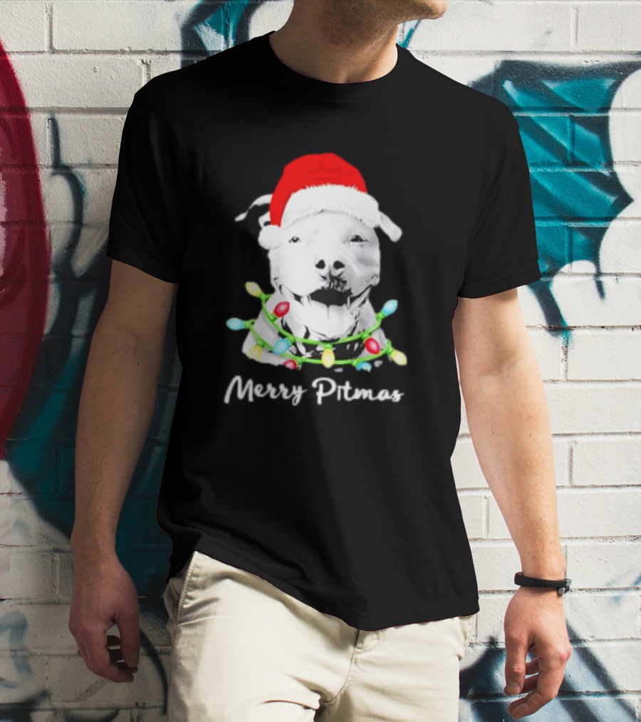Merry Pitmas Pit Bull Santa With Christmas Tree Lights T-Shirt