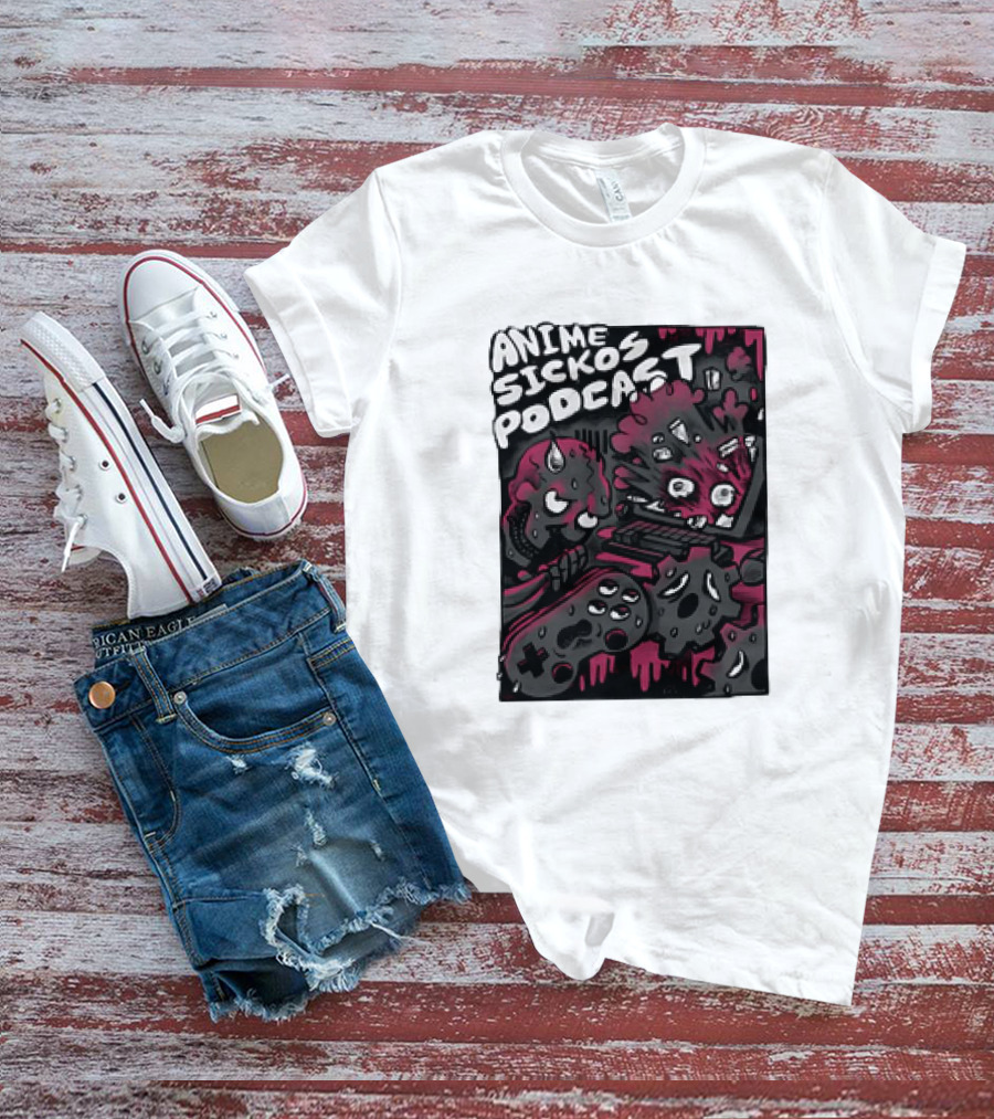 Anime Sickos Podcast Game Controllers Dripping Pink And Black Monster Faces T-Shirt