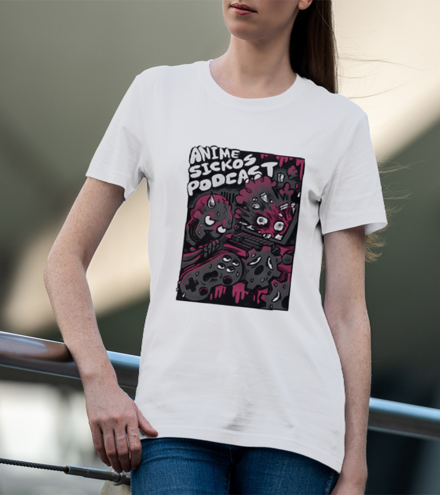 Anime Sickos Podcast Game Controllers Dripping Pink And Black Monster Faces T-Shirt