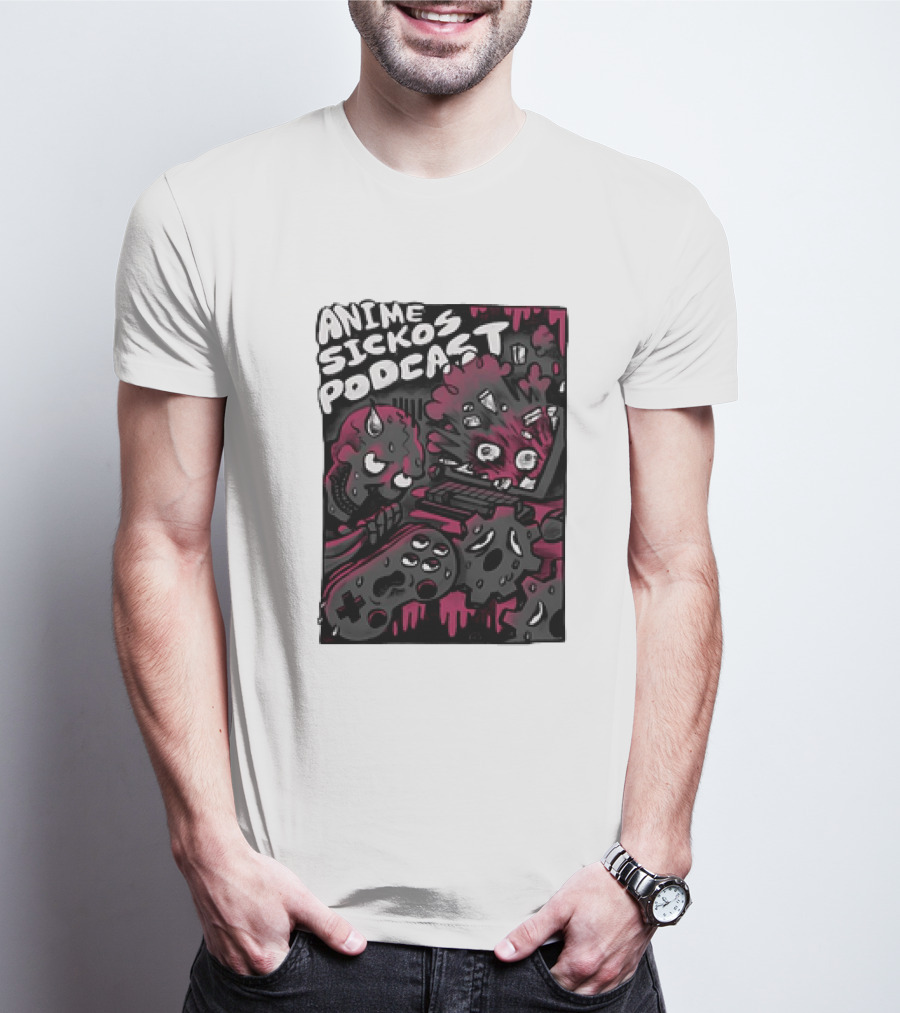 Anime Sickos Podcast Game Controllers Dripping Pink And Black Monster Faces T-Shirt