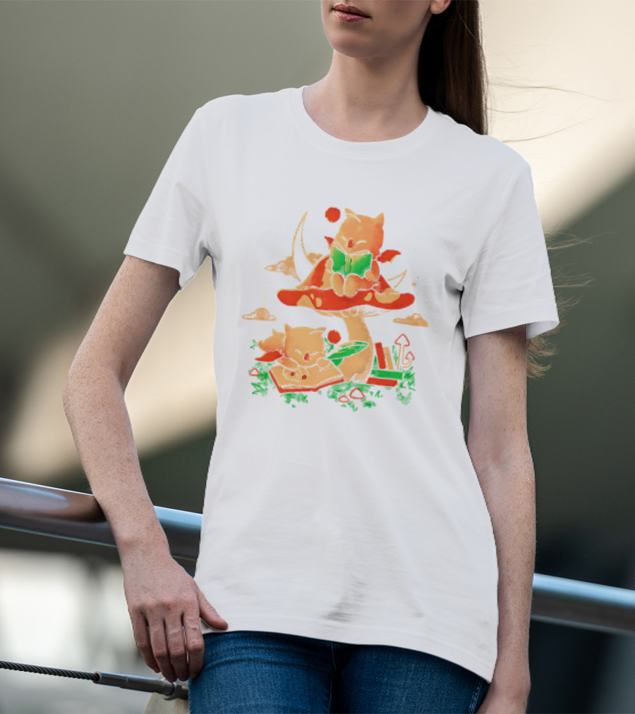 Cat Kupo Moogles Reading On Mushroom With Books T-Shirt