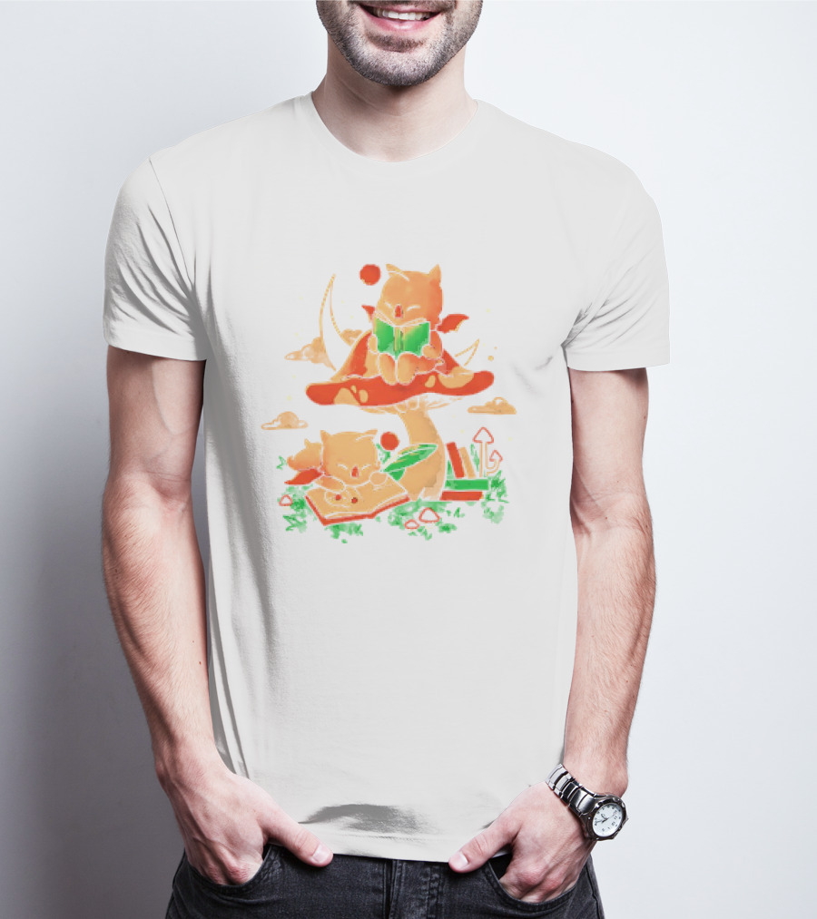 Cat Kupo Moogles Reading On Mushroom With Books T-Shirt