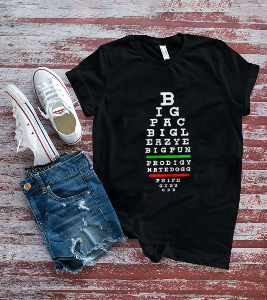 BIG PAC BIG L EAZY E BIG PUN PRODIGY NATE DOGG PHIFE GURU ODB Eye Chart Old School Hip Hop Rap Legends 90s Hiphop T-Shirt