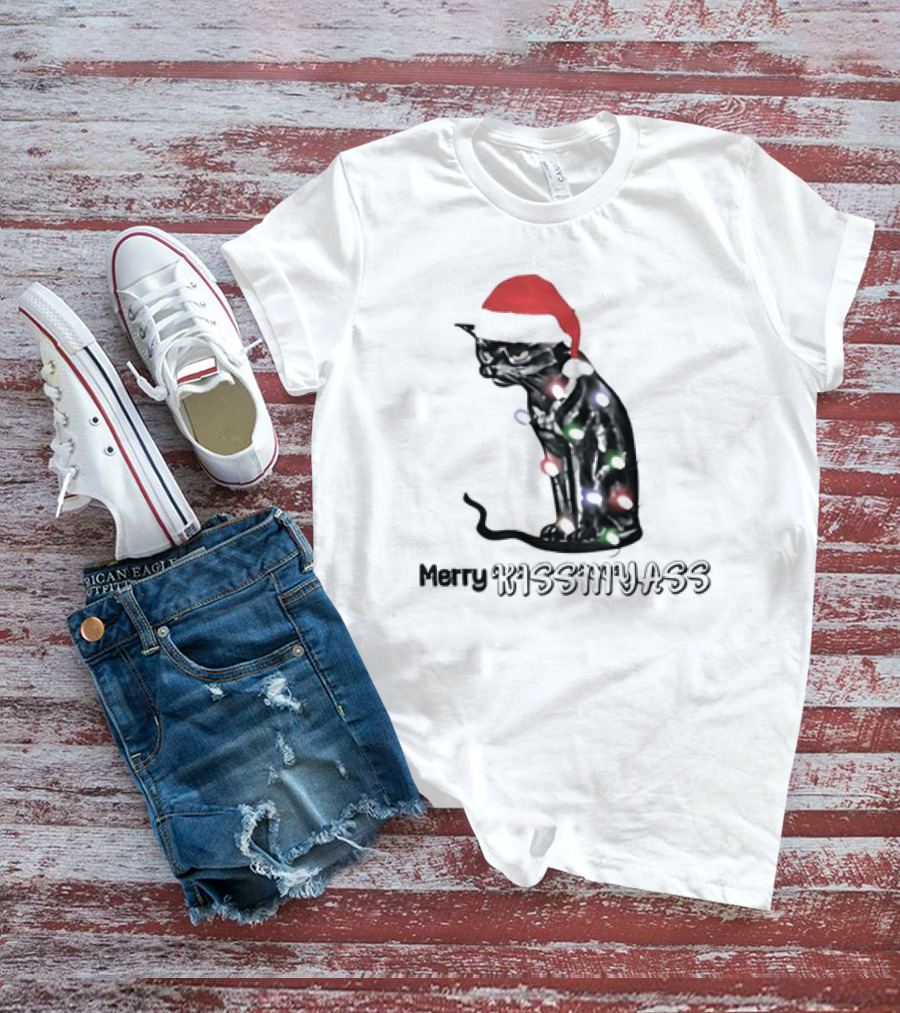 Merry Kiss My Ass Cat Christmas Lights Santa Hat T-Shirt