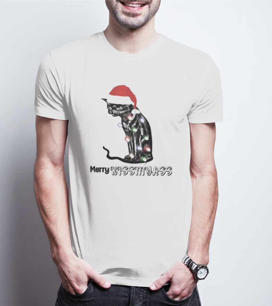 Merry Kiss My Ass Cat Christmas Lights Santa Hat T-Shirt