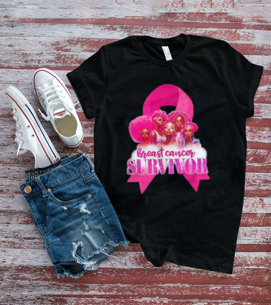 Breast Cancer Survivor Pink Ribbon Black Women Melanin Warrior T-Shirt