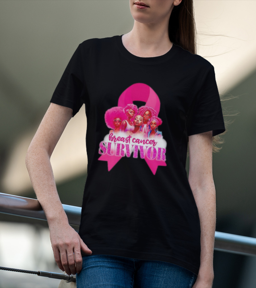Breast Cancer Survivor Pink Ribbon Black Women Melanin Warrior T-Shirt