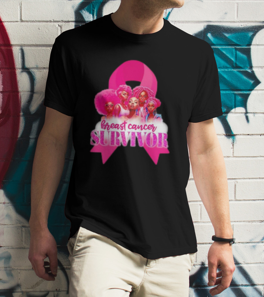 Breast Cancer Survivor Pink Ribbon Black Women Melanin Warrior T-Shirt