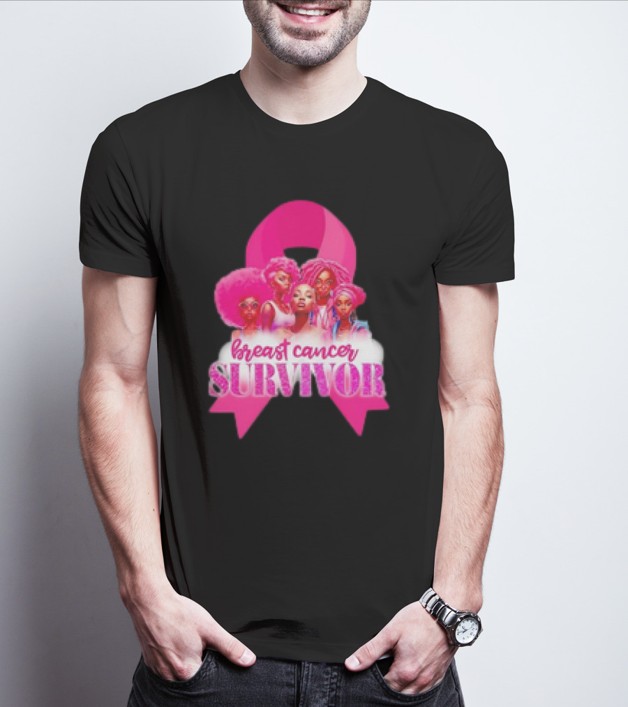 Breast Cancer Survivor Pink Ribbon Black Women Melanin Warrior T-Shirt
