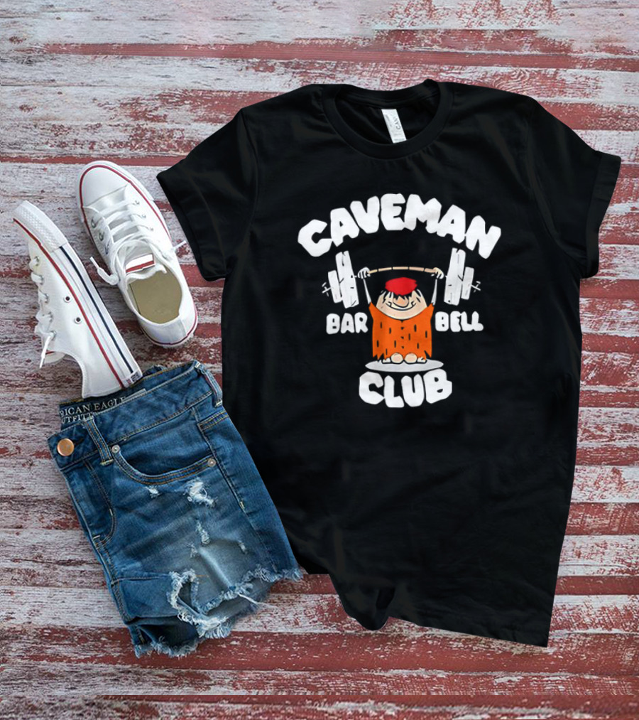 Caveman Club Bar Bell Weightlifting Cartoon T-Shirt