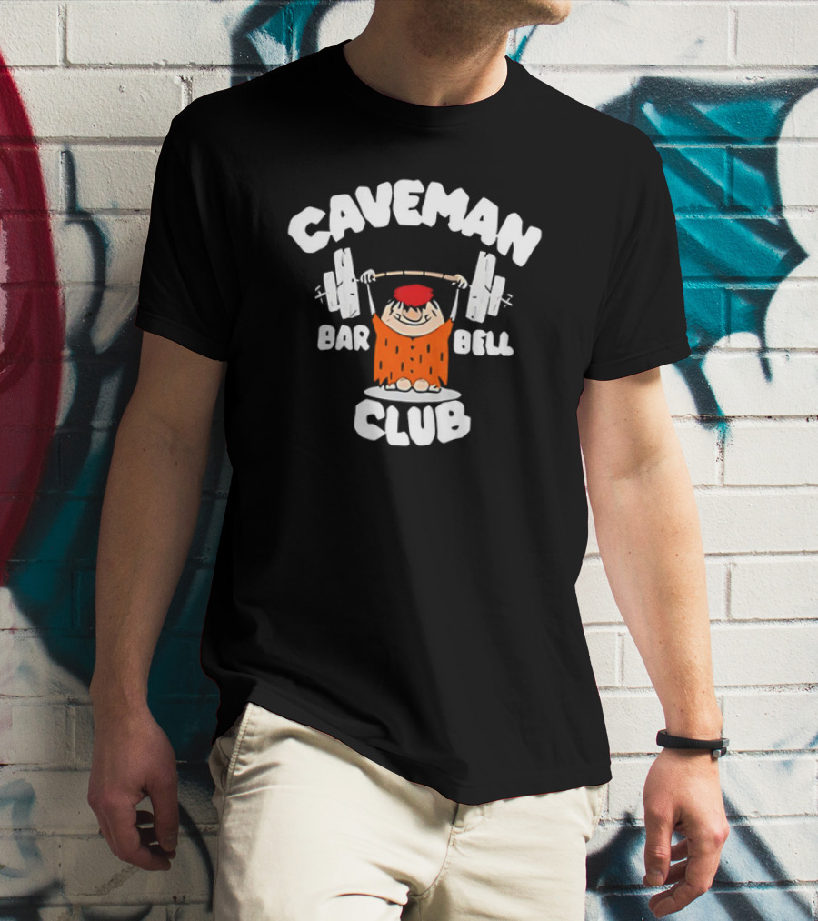 Caveman Club Bar Bell Weightlifting Cartoon T-Shirt