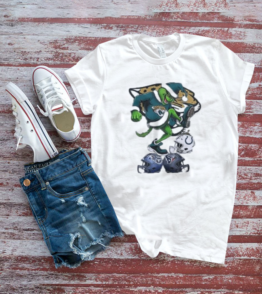 Christmas Grinch Jacksonville Jaguars Stomping NFL Colts Titans Texans Helmets T-Shirt