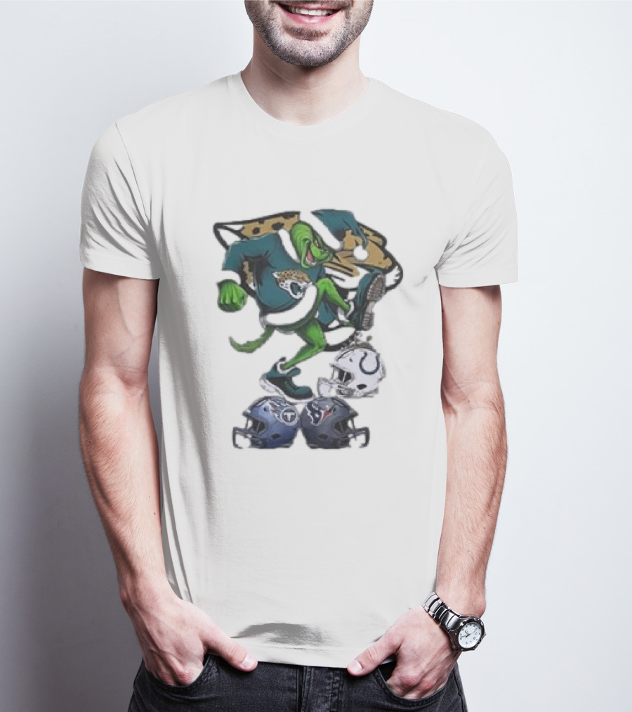 Christmas Grinch Jacksonville Jaguars Stomping NFL Colts Titans Texans Helmets T-Shirt