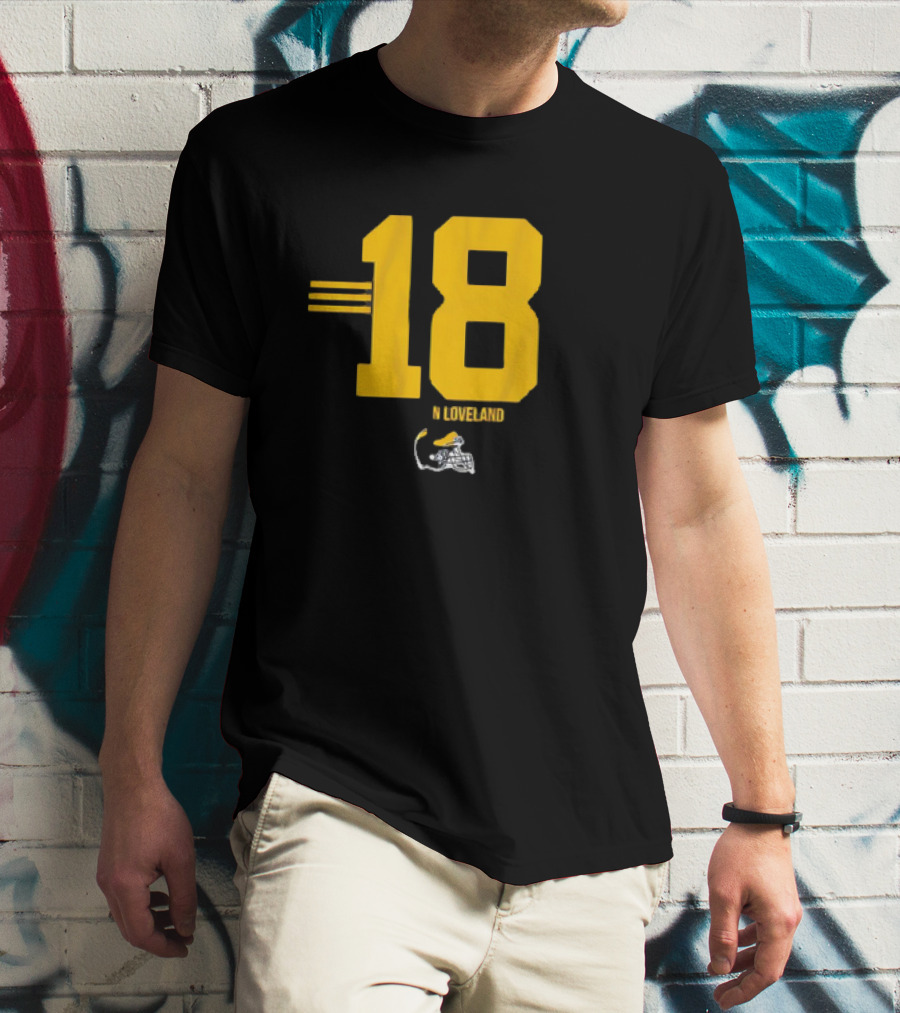 Michigan Wolverines Football Colston Loveland Number 18 Stripe T-Shirt