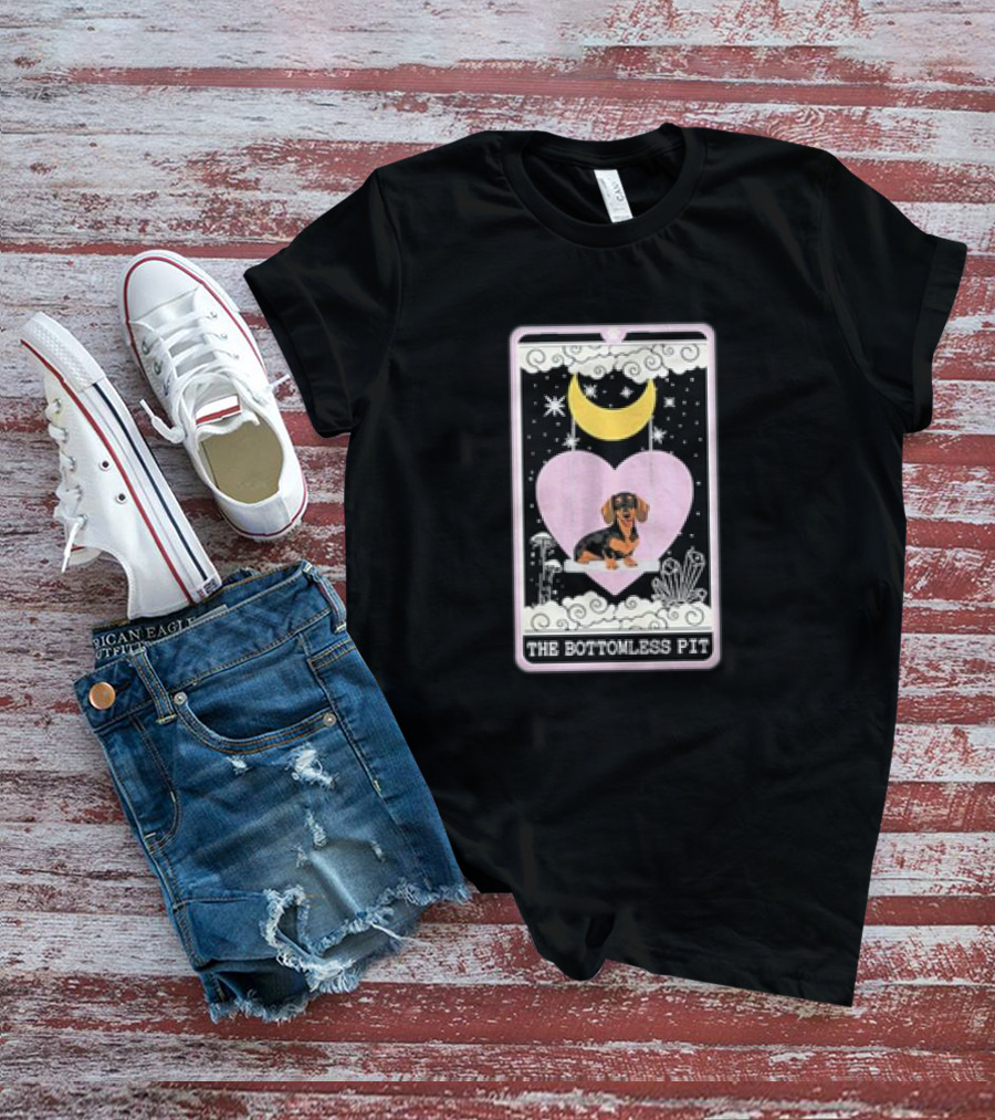Dachshund Under Crescent Moon In Heart With Stars The Bottomless Pit T-Shirt