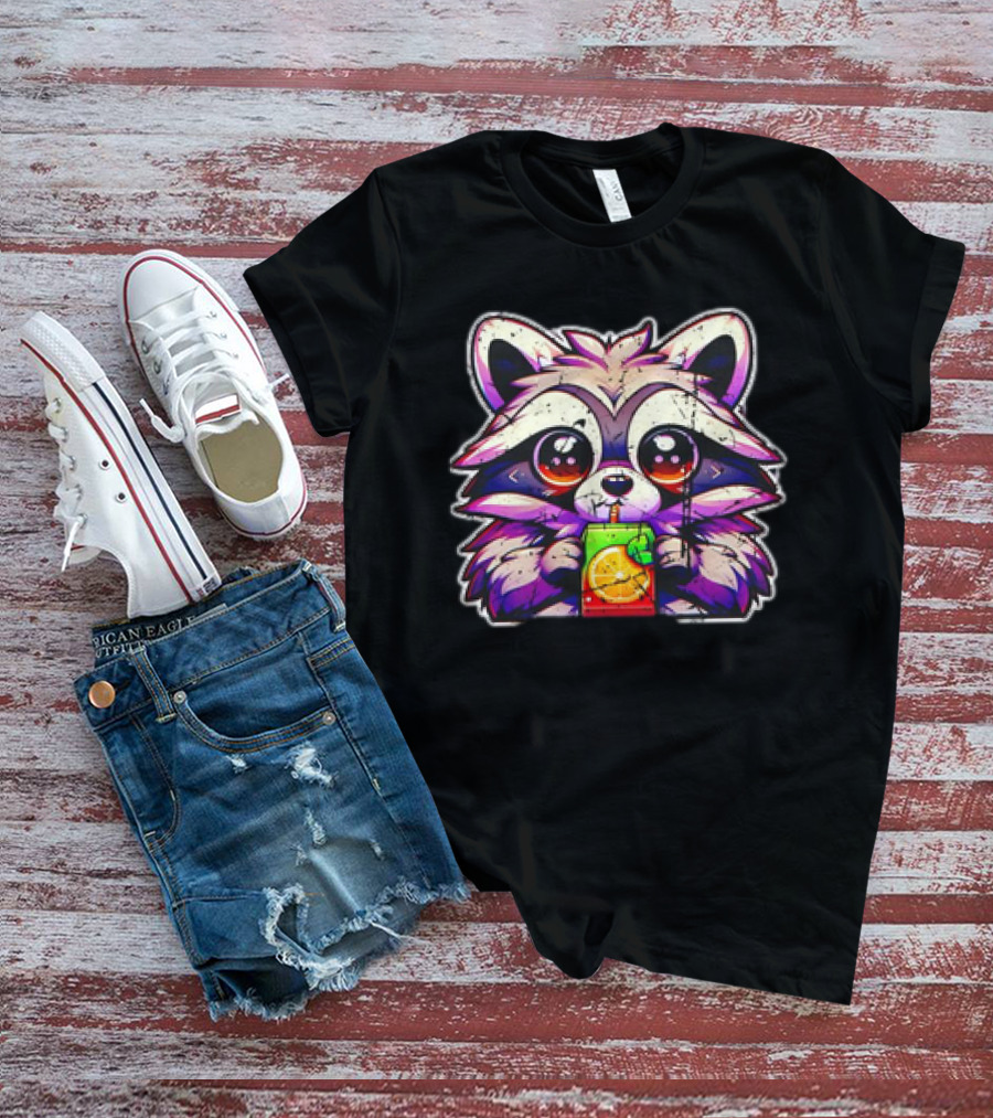 Raccoon Sipping A Juice Box Vintage Retro Style Cute Drinking Cartoon T-Shirt
