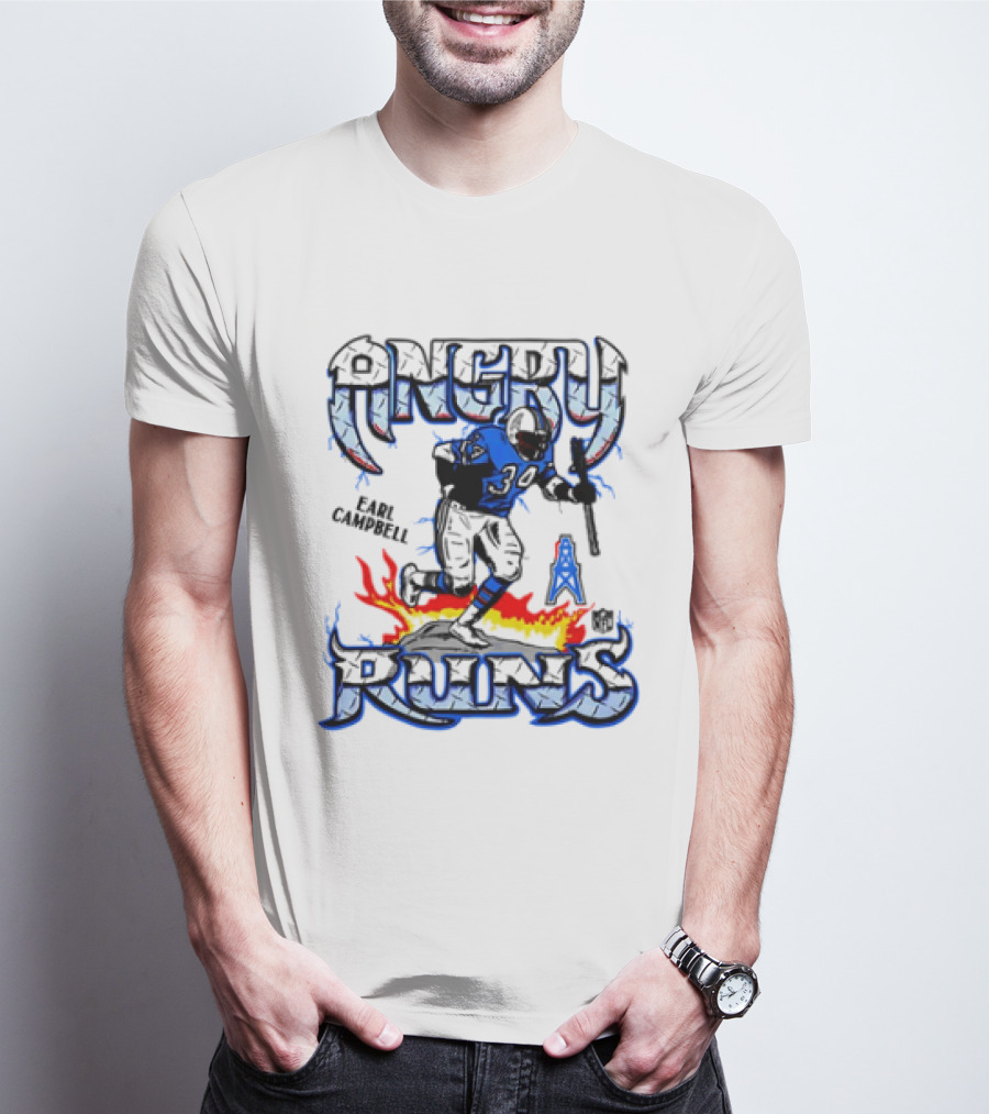 Angry Runs Earl Campbell Oilers NFL Flame Action T-Shirt