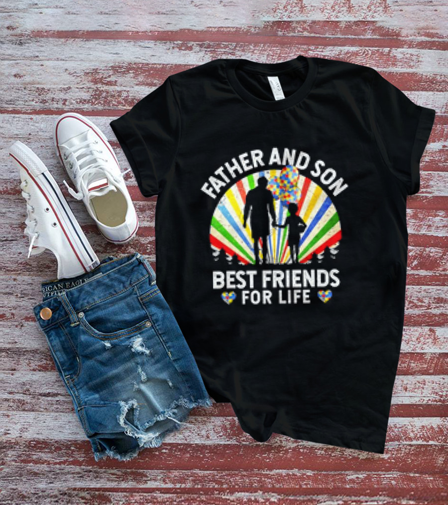 Father And Son Best Friends For Life Colorful Autism Awareness Ribbon Hearts T-Shirt