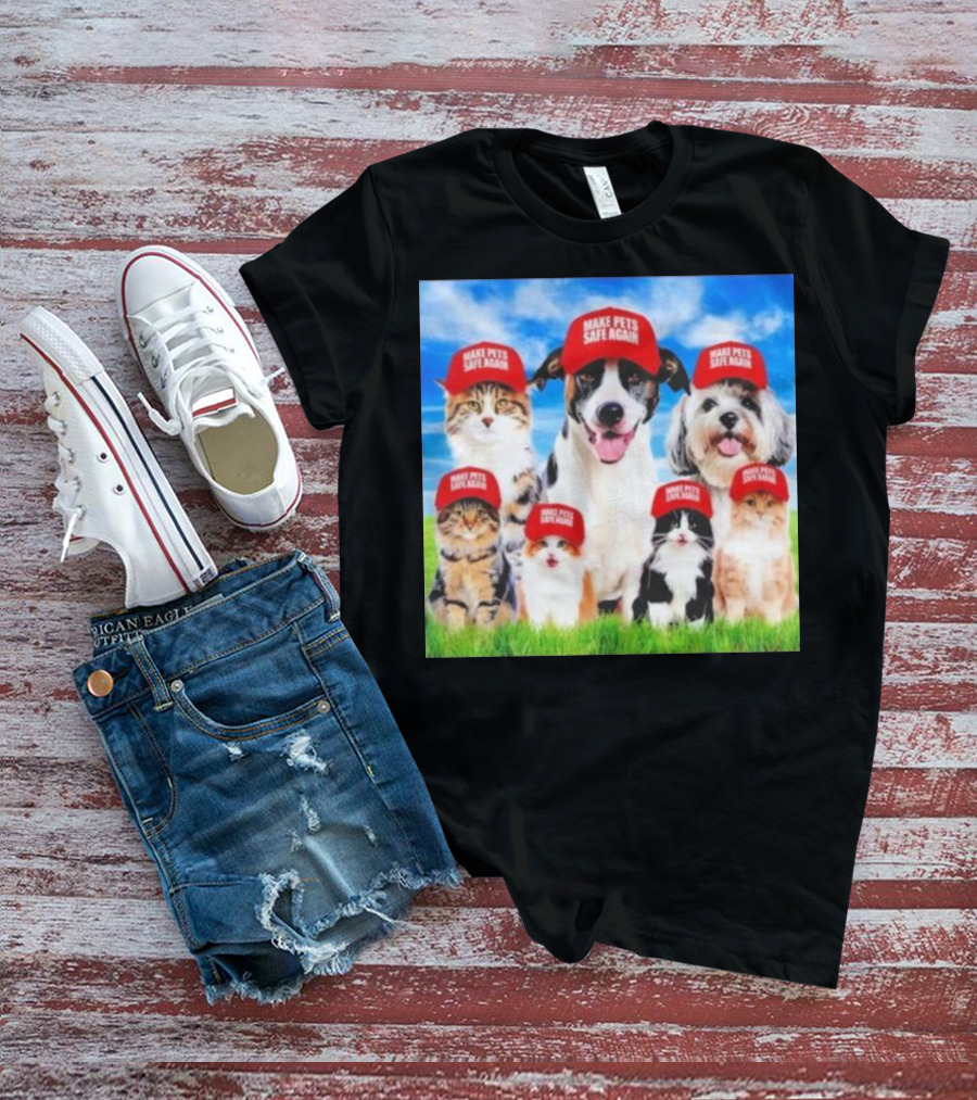 Six Cats And Dogs Wearing Red Make Pets Safe Again Hats On Green Grass T-Shirt