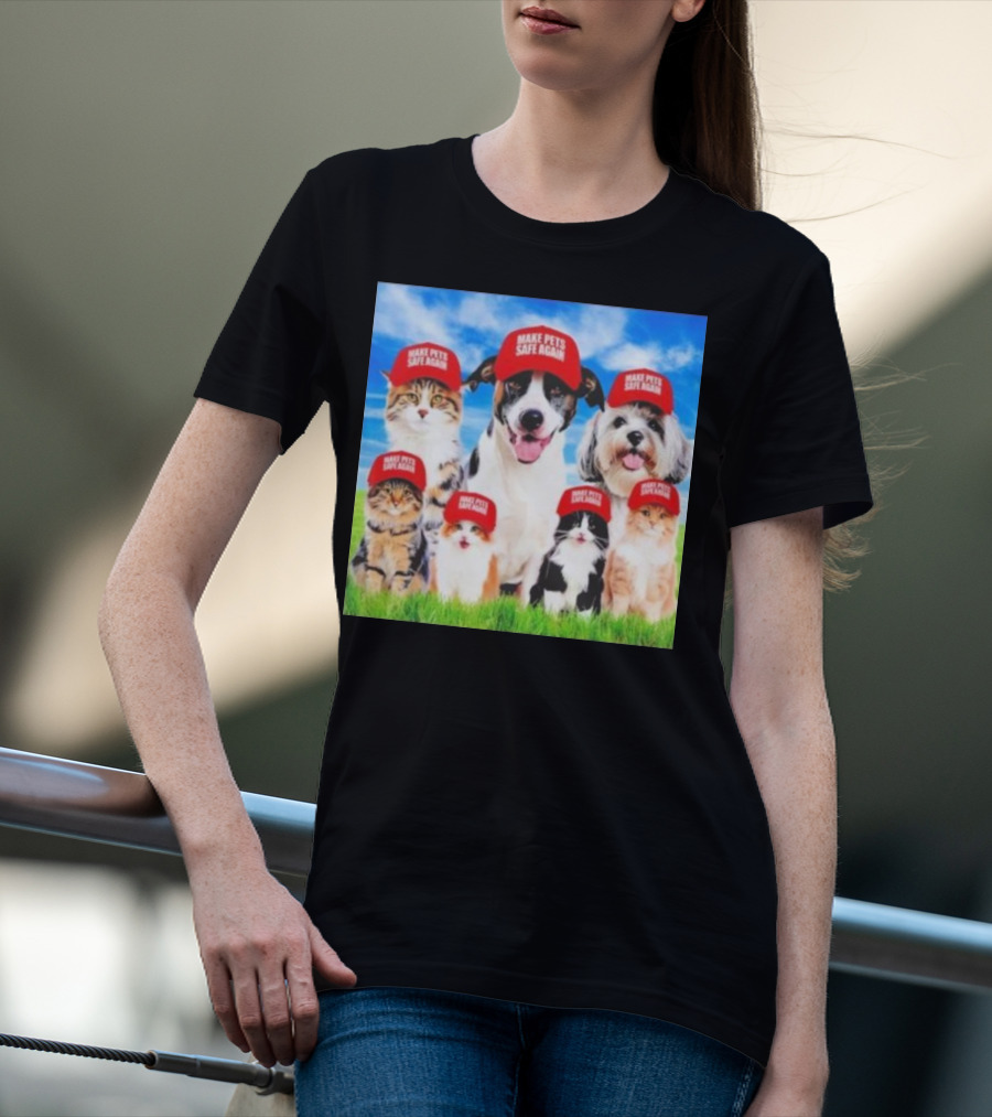 Six Cats And Dogs Wearing Red Make Pets Safe Again Hats On Green Grass T-Shirt