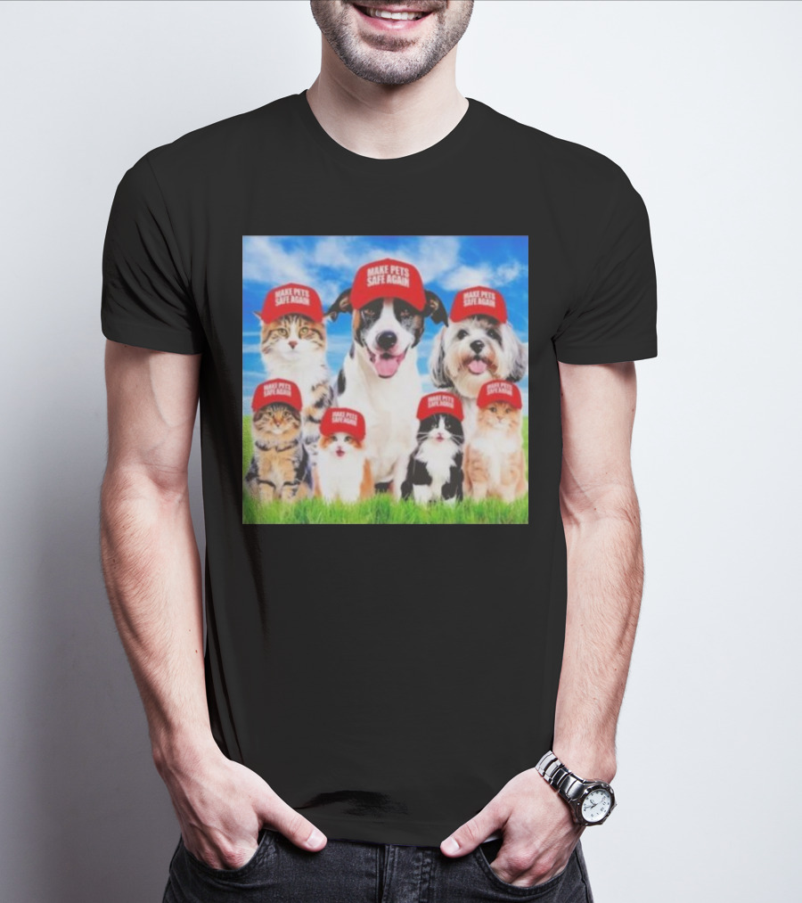 Six Cats And Dogs Wearing Red Make Pets Safe Again Hats On Green Grass T-Shirt