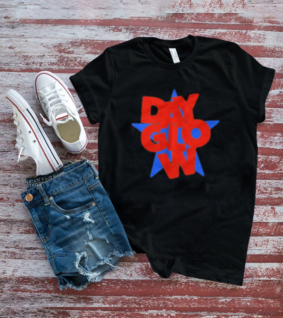 Day Glow Red Blue Star Stacked Black T-Shirt