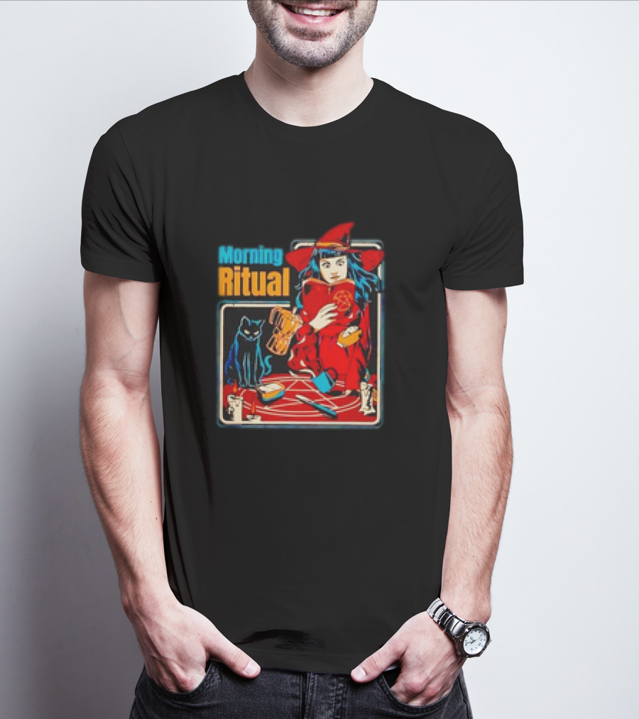 Morning Ritual Witch With Black Cat Coffee Magic T-Shirt
