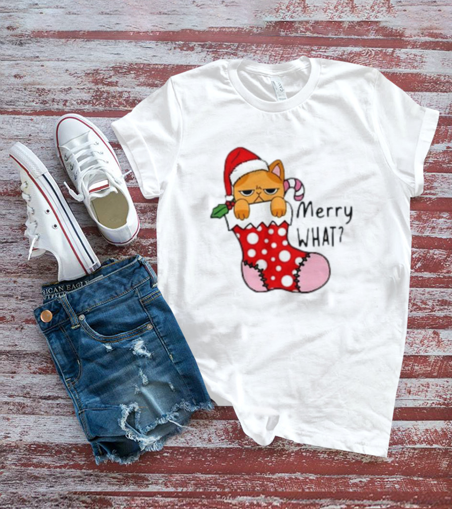 Merry What Cat In Santa Hat Christmas Stocking T-Shirt