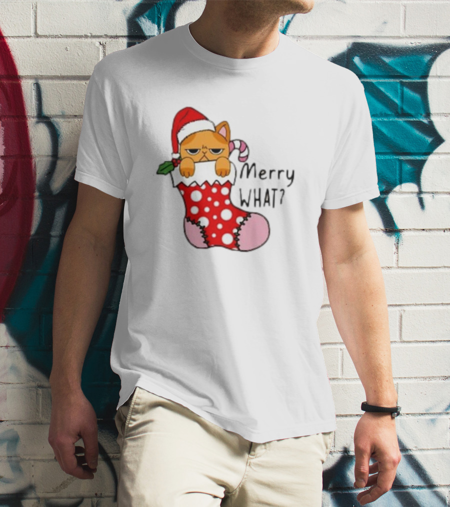 Merry What Cat In Santa Hat Christmas Stocking T-Shirt