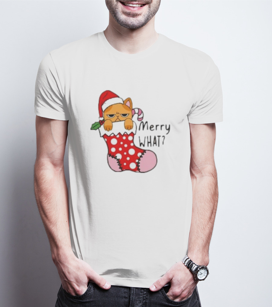 Merry What Cat In Santa Hat Christmas Stocking T-Shirt