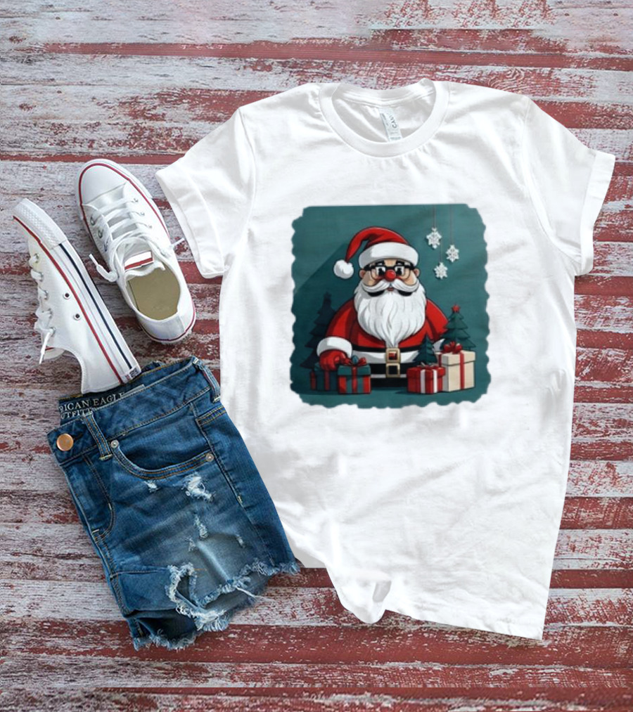 Santa Claus With Snowflakes And Presents Christmas Holiday Scene T-Shirt