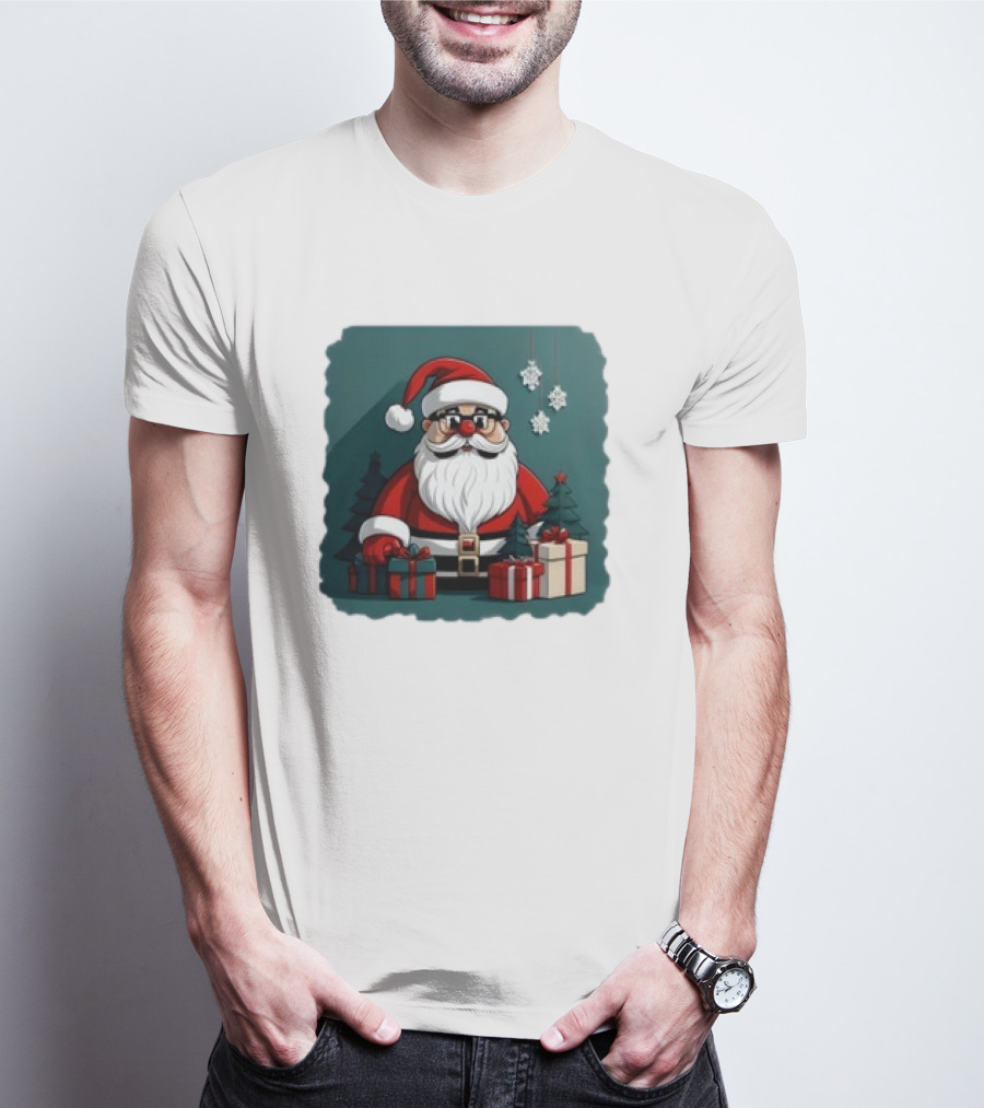 Santa Claus With Snowflakes And Presents Christmas Holiday Scene T-Shirt