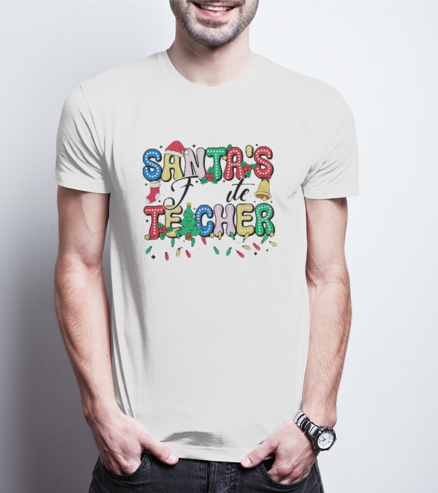 Santa's Favorite Teacher Christmas Light With Hat, Stocking, Bell, And Tree T-Shirt