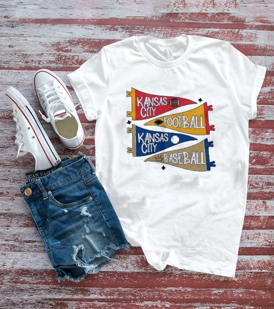 Kansas City Football And Baseball Pennants With Iconic Team Colors And Symbols T-Shirt