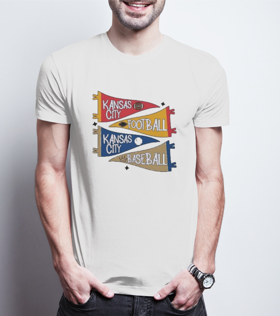 Kansas City Football And Baseball Pennants With Iconic Team Colors And Symbols T-Shirt
