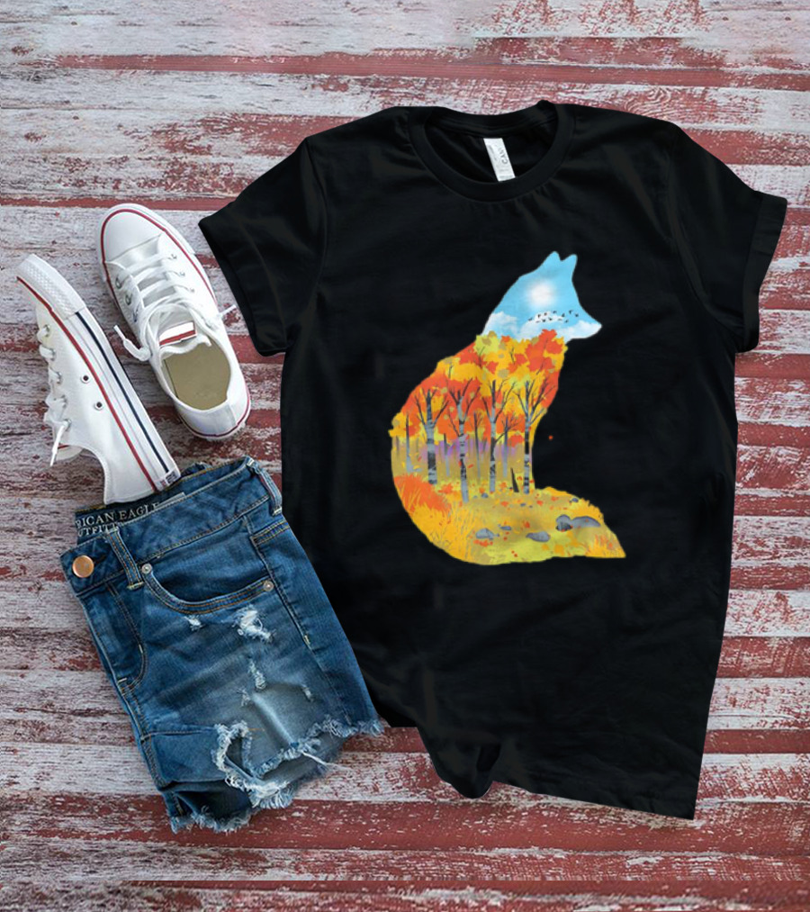 Fox Autumn Forest Landscape With Sun And Birds - I Am The Forest II T-Shirt