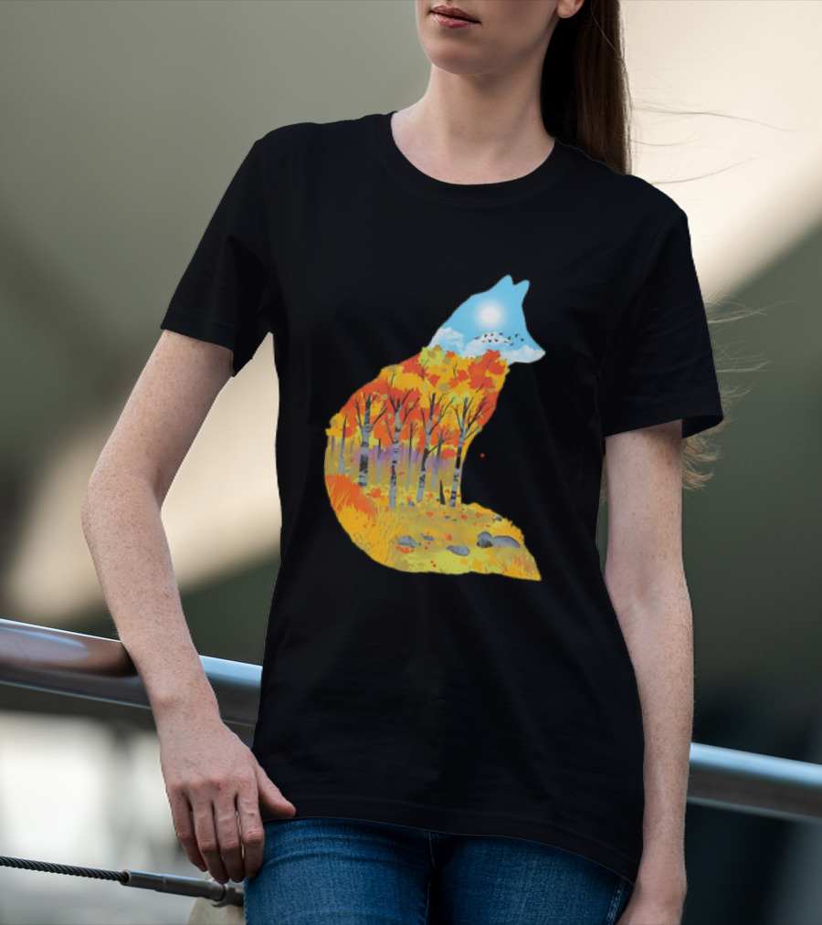 Fox Autumn Forest Landscape With Sun And Birds - I Am The Forest II T-Shirt