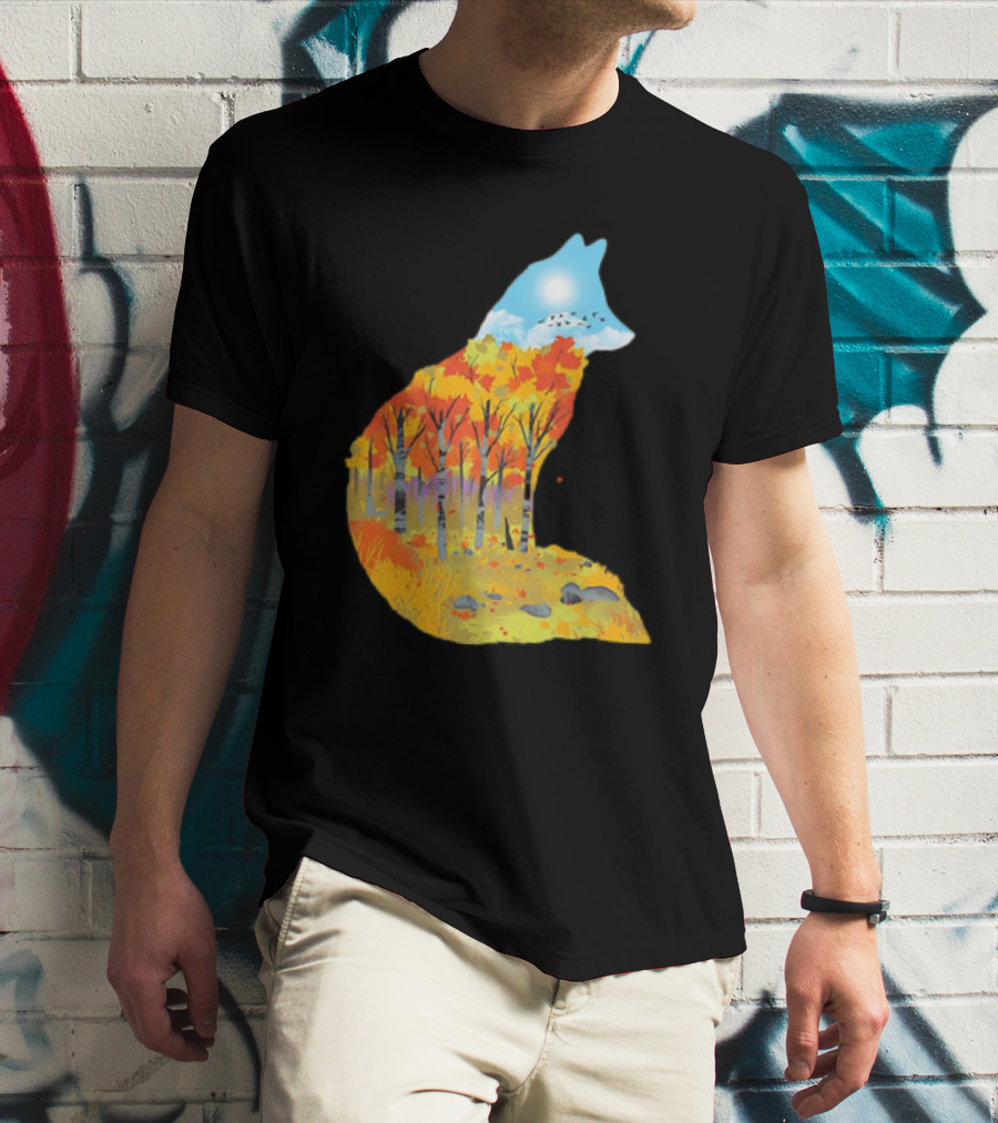 Fox Autumn Forest Landscape With Sun And Birds - I Am The Forest II T-Shirt