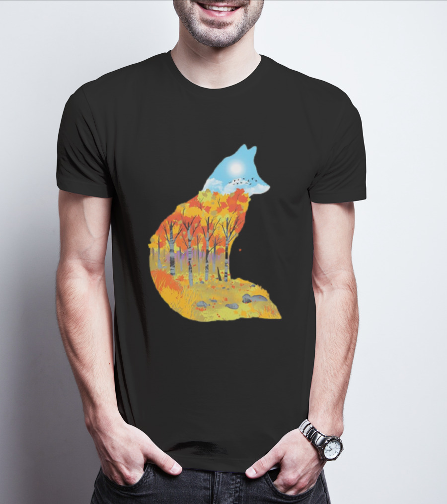 Fox Autumn Forest Landscape With Sun And Birds - I Am The Forest II T-Shirt