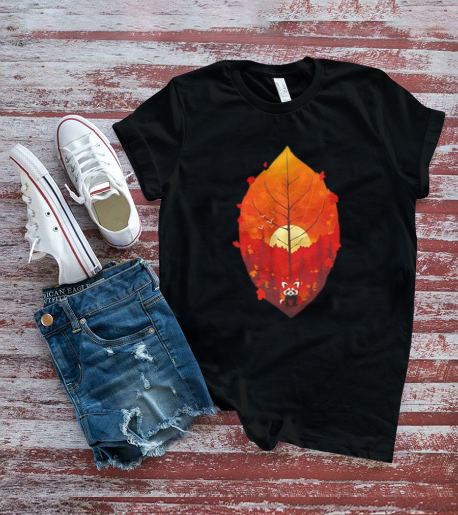 Panda Red Leaf Forest Sunset T-Shirt