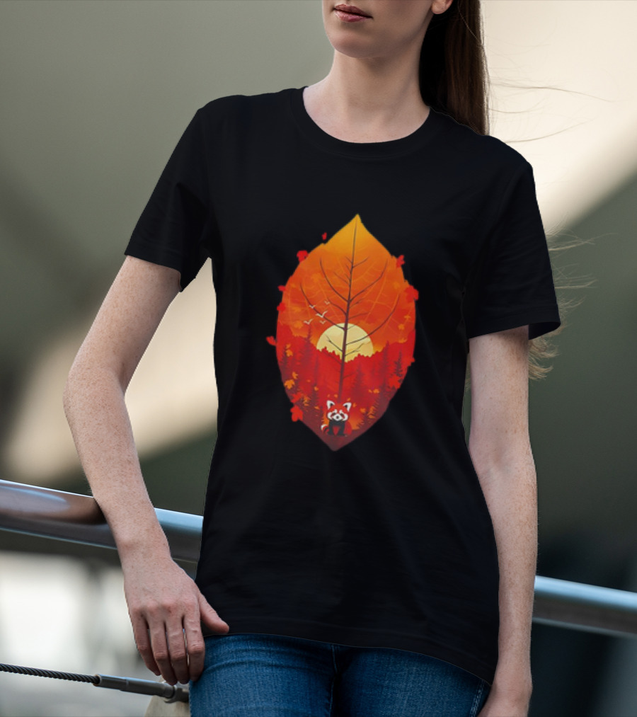 Panda Red Leaf Forest Sunset T-Shirt