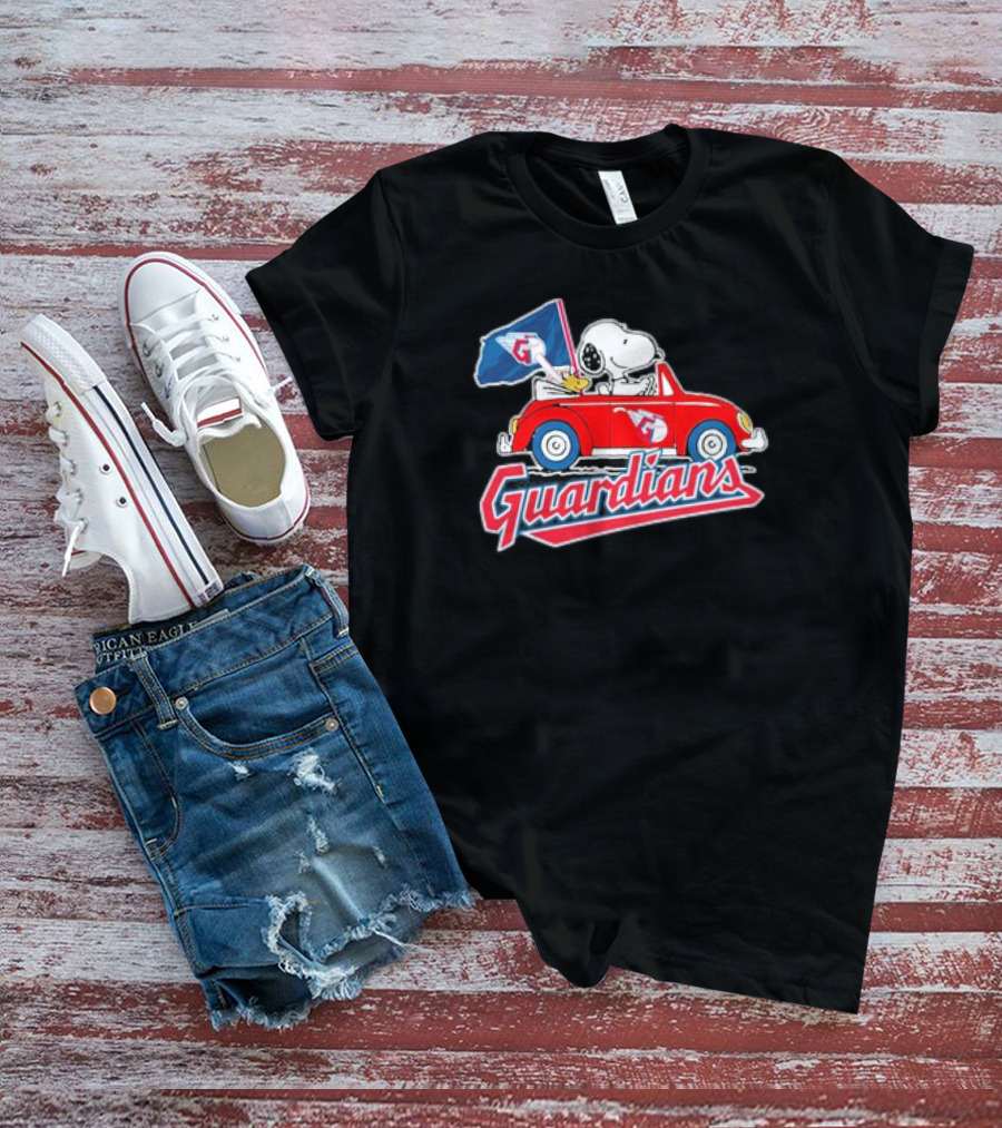 Peanuts Snoopy Woodstock Driving Car Cleveland Guardians Flag T-Shirt