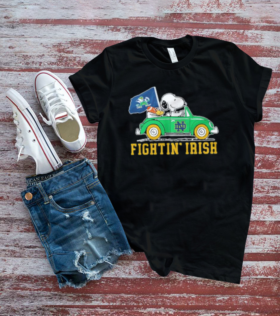 Peanuts Snoopy Woodstock Driving Notre Dame Fighting Irish Car T-Shirt