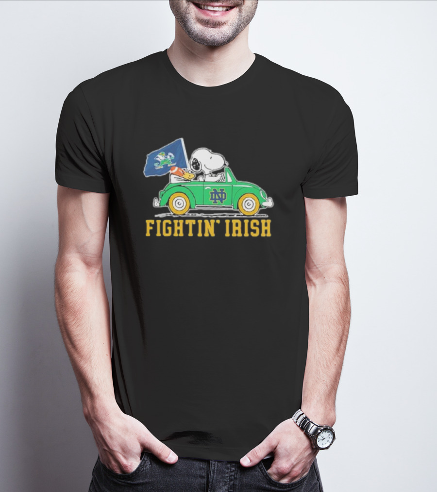 Peanuts Snoopy Woodstock Driving Notre Dame Fighting Irish Car T-Shirt