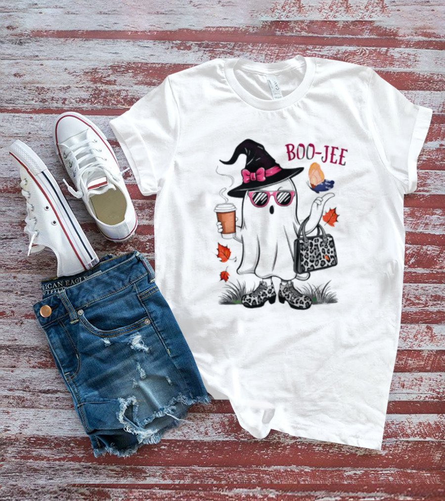Boo Jee Leopard Ghost Fall Vibes With Hat And Coffee T-Shirt