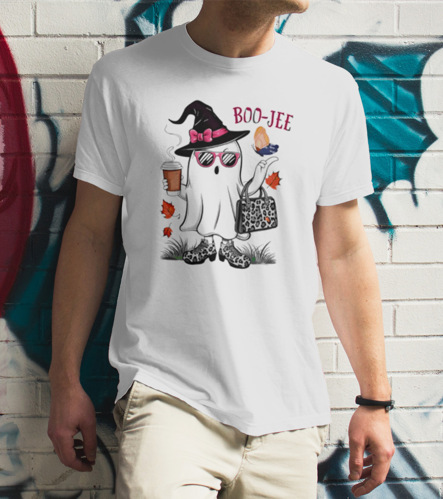 Boo Jee Leopard Ghost Fall Vibes With Hat And Coffee T-Shirt
