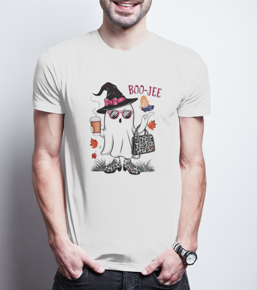 Boo Jee Leopard Ghost Fall Vibes With Hat And Coffee T-Shirt