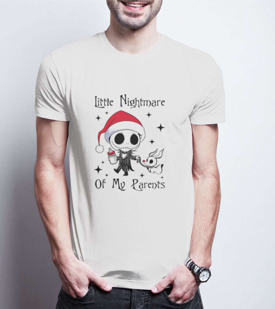 Little Nightmare Of My Parents Jack Skellington Santa Hat Holding Milk And Dog T-Shirt