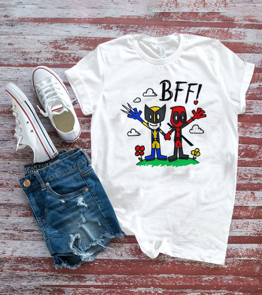 Deadpool And Wolverine BFF Cartoon Style With Heart And Clouds T-Shirt