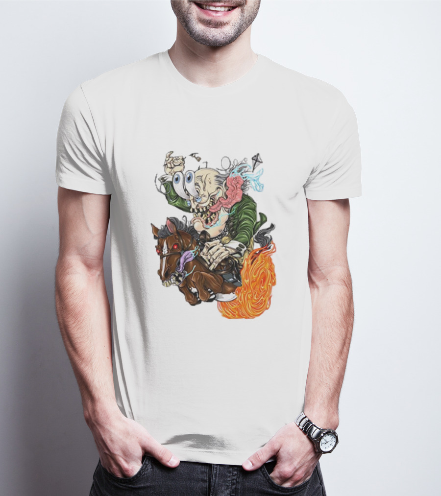 Ben FINKlin Surreal Dual-Eyed Figure On Flame-Engulfed Horse T-Shirt